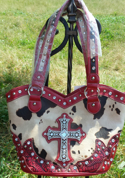 Cow Print Red Tooled Design With Bling Cross