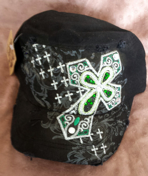 Black Hat Embroidered Green Bling Cross