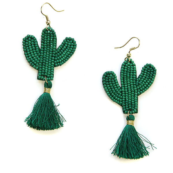Beaded Green Cactus Tassel Earrings