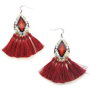 Burgundy Aztec Red Tassel Fan Earrings